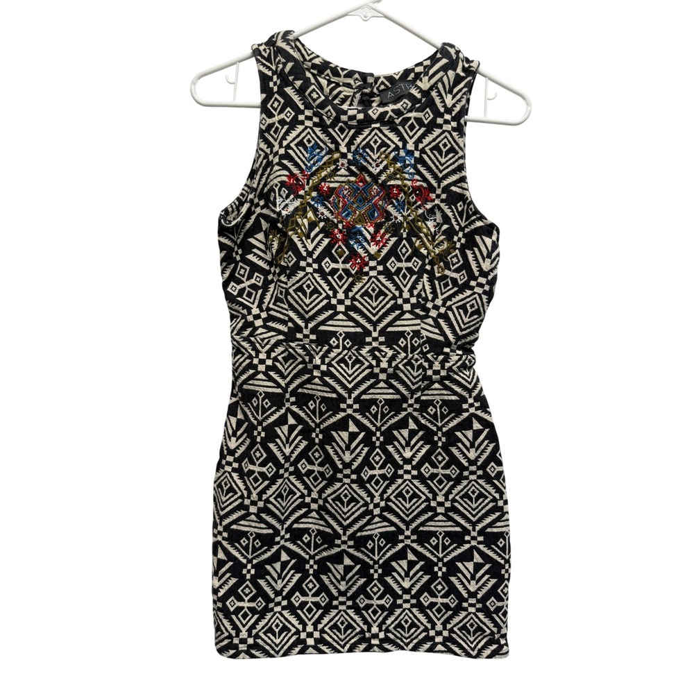 Vtg ASTR the Label Dress Geometric Embroidered‎ Mini Black White Women Small